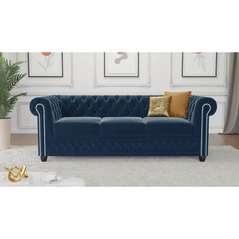 Sofa welurowa pikowana trzyosobowa Chesterfield FELIX 3 Granatowa