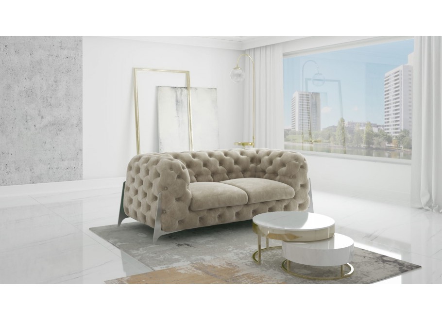 Mała sofa jasnobeżowa dwuosobowa pikowana glamour Chesterfield KALIFORNIA 2 - Riviera 21