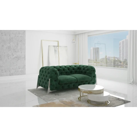 Wygodna sofa dwuosobowa w kolorze butelkowej zieleni pikowana glamour Chesterfield KALIFORNIA 2