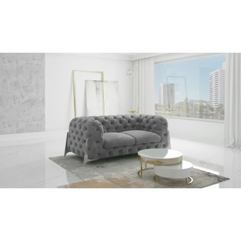 Szara sofa dwuosobowa pikowana glamour Chesterfield KALIFORNIA 2 - Idealna do salonu