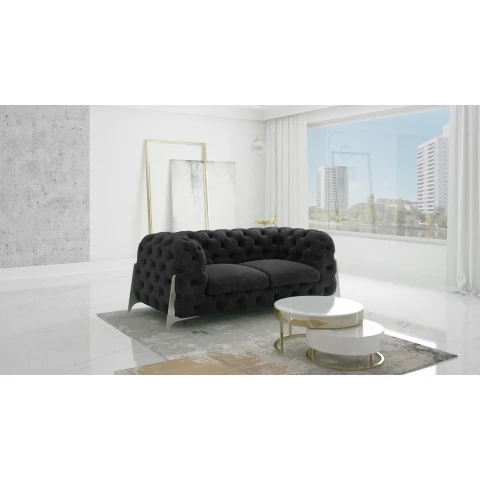 Elegancka czarna sofa dwuosobowa pikowana glamour Chesterfield KALIFORNIA 2