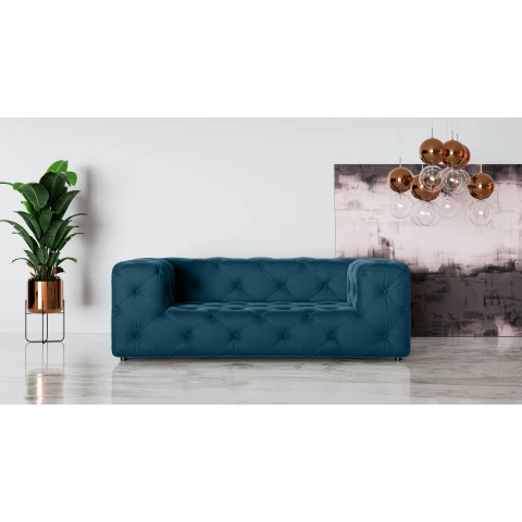 Komfortowa granatowa sofa dwuosobowa pikowana Chesterfield BENTLEY