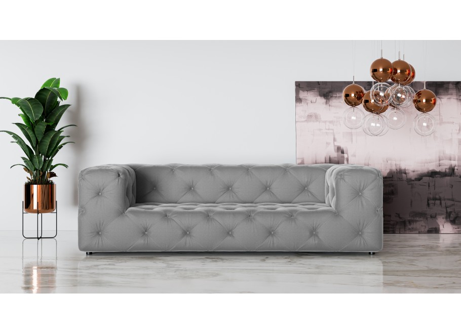 Trzyosobowa sofa Bentley pikowana w szarym kolorze idealna do salonu 2
