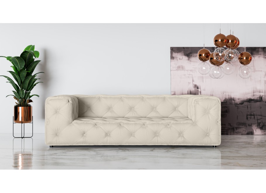 Sofa trzyosobowa Chesterfield Bentley kolor jasnobeżowy, pikowana idealna do pokoju dziennego 2