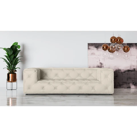 Sofa trzyosobowa Chesterfield Bentley kolor jasnobeżowy, pikowana idealna do pokoju dziennego