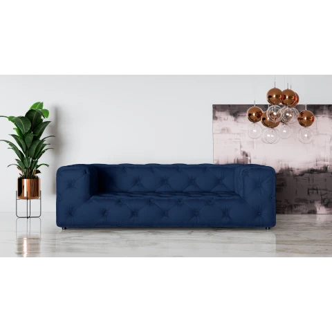 Sofa trzyosobowa w kolorze granatowym pikowana Chesterfield Bentley