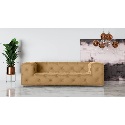 Złota sofa BENTLEY – trzyosobowa, pikowana, styl Chesterfield, premium