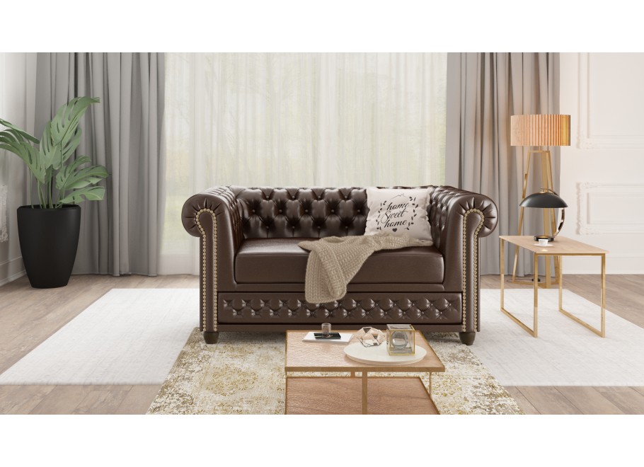 Pikowana sofa 2-osobowa z funkcją spania FELIX 2 – styl Chesterfield, ekoskóra brązowa 7