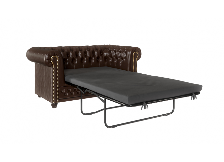 Pikowana sofa 2-osobowa z funkcją spania FELIX 2 – styl Chesterfield, ekoskóra brązowa 1