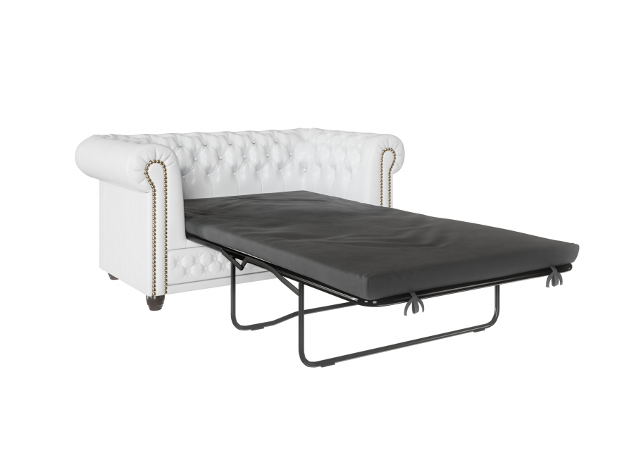 Rozkładana sofa Chesterfield FELIX 2 – biała ekoskóra, z funkcją spania, 2-osobowa