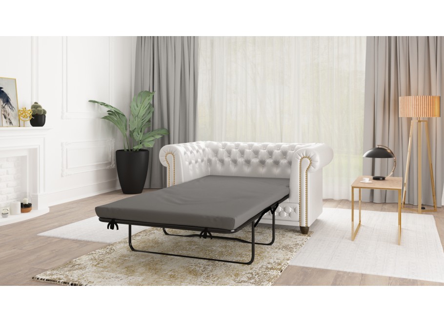 Rozkładana sofa Chesterfield FELIX 2 – biała ekoskóra, z funkcją spania, 2-osobowa 2