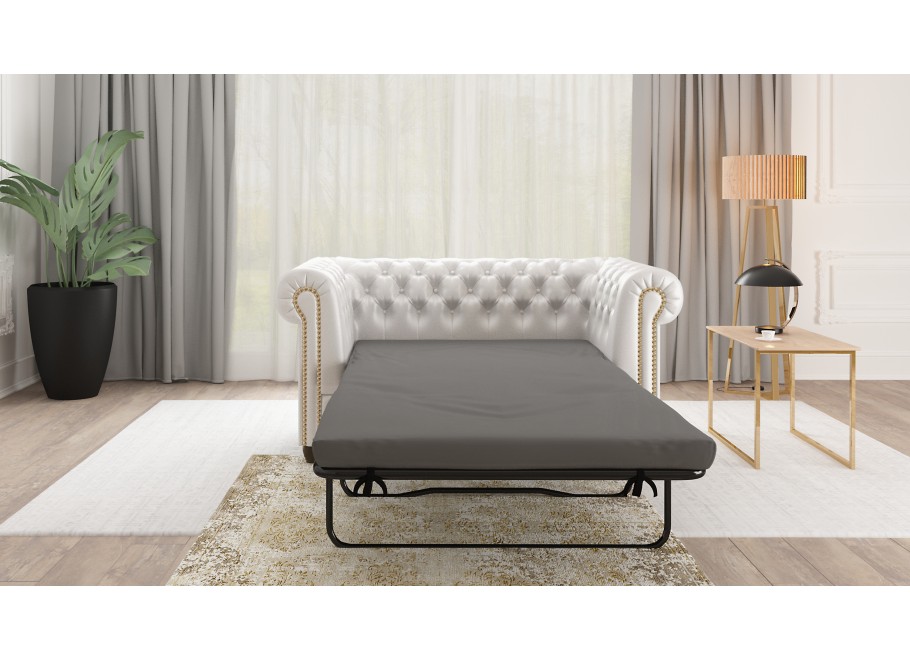 Rozkładana sofa Chesterfield FELIX 2 – biała ekoskóra, z funkcją spania, 2-osobowa 3