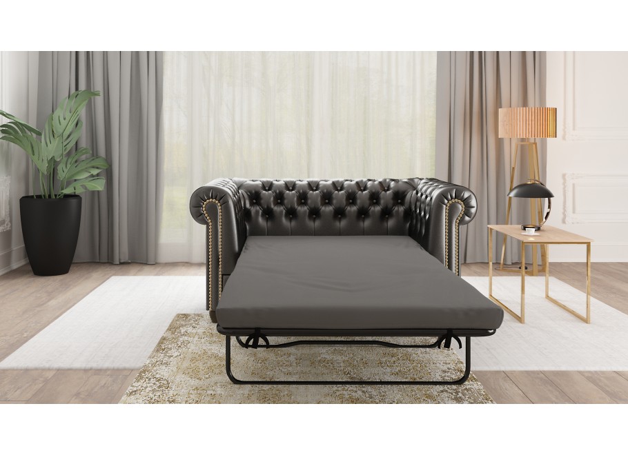 Elegancka sofa Chesterfield FELIX 2 – czarna ekoskóra, 2-osobowa, rozkładana 3