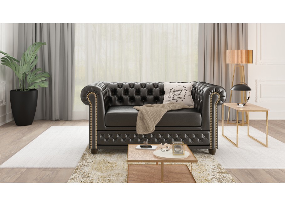 Elegancka sofa Chesterfield FELIX 2 – czarna ekoskóra, 2-osobowa, rozkładana 6