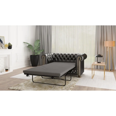 Elegancka sofa Chesterfield FELIX 2 – czarna ekoskóra, 2-osobowa, rozkładana
