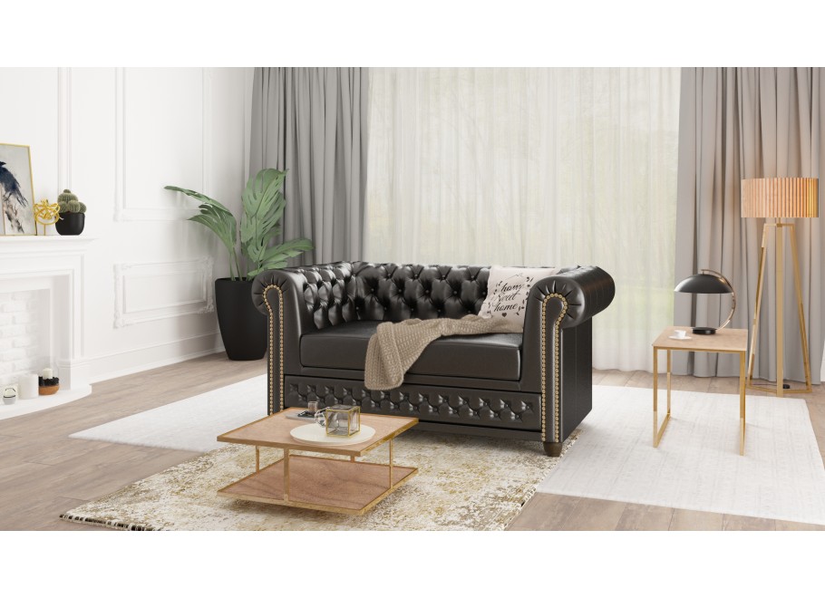 Elegancka sofa Chesterfield FELIX 2 – czarna ekoskóra, 2-osobowa, rozkładana 9