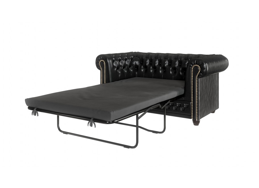 Elegancka sofa Chesterfield FELIX 2 – czarna ekoskóra, 2-osobowa, rozkładana 4