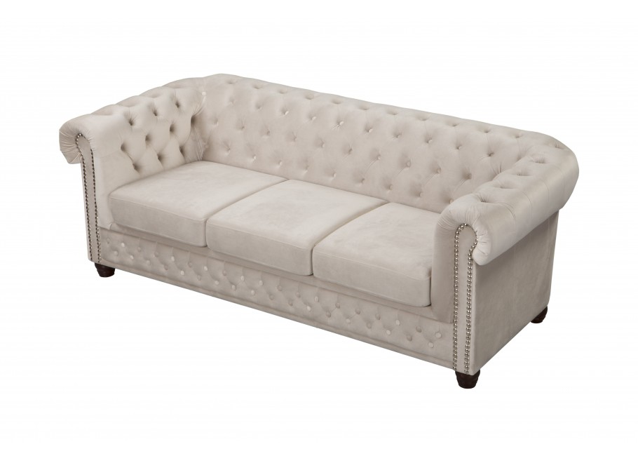 Sofa FELIX 3 – beżowy welur, styl Chesterfield, trzyosobowa z funkcją spania - Riviera 21
