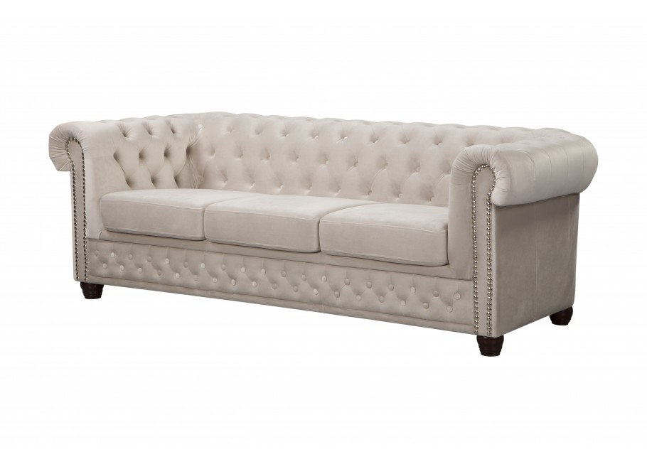 Sofa FELIX 3 – beżowy welur, styl Chesterfield, trzyosobowa z funkcją spania - Riviera 21
