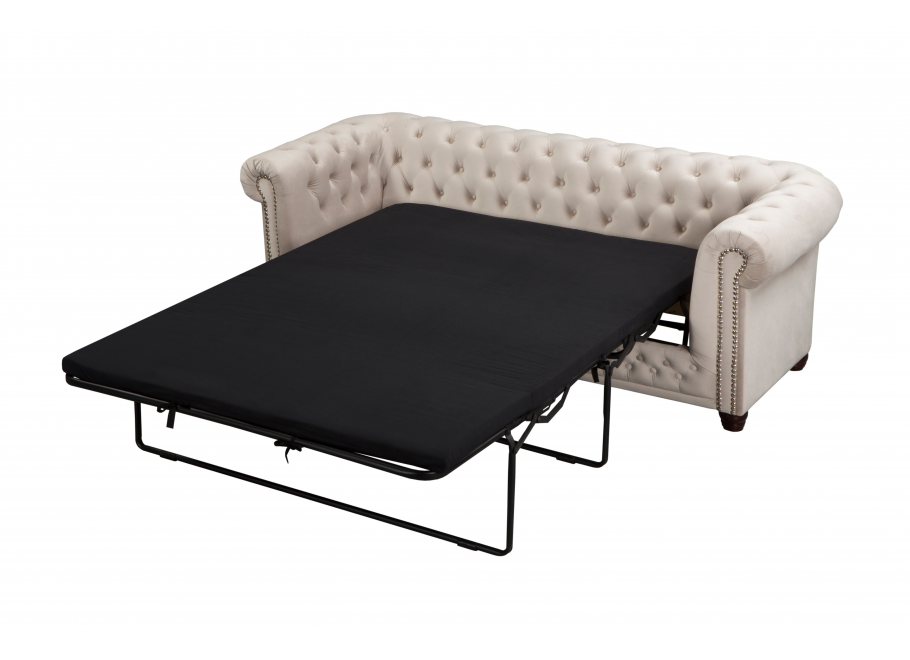 Sofa FELIX 3 – beżowy welur, styl Chesterfield, trzyosobowa z funkcją spania