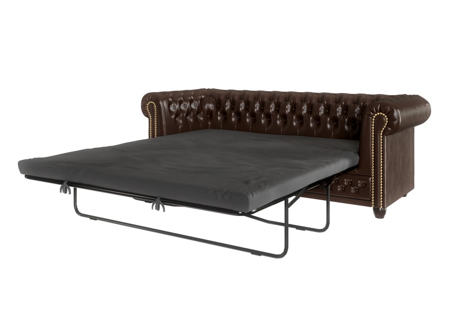 Brązowa sofa trzyosobowa pikowana ekoskóra FELIX 3 – styl Chesterfield z funkcją spania