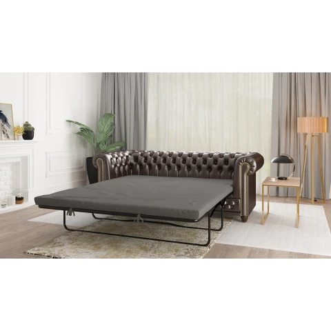 Brązowa sofa trzyosobowa pikowana ekoskóra FELIX 3 – styl Chesterfield z funkcją spania