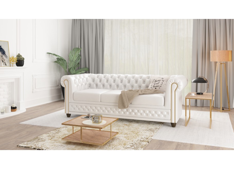 Sofa trzyosobowa FELIX 3– biała ekoskóra, Chesterfield z funkcją spania, pikowana 3