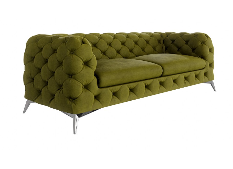 Pikowana oliwkowa sofa trzyosobowa Chesterfield TEO 2,5 – styl glamour