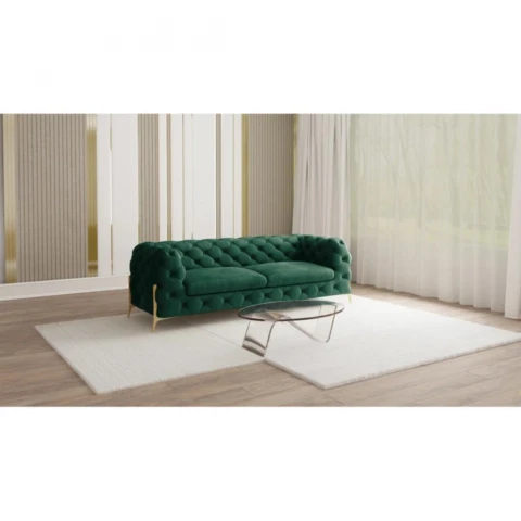 Pikowana sofa glamour Chesterfield TEO HIGH 2,5 – elegancka butelkowa zieleń