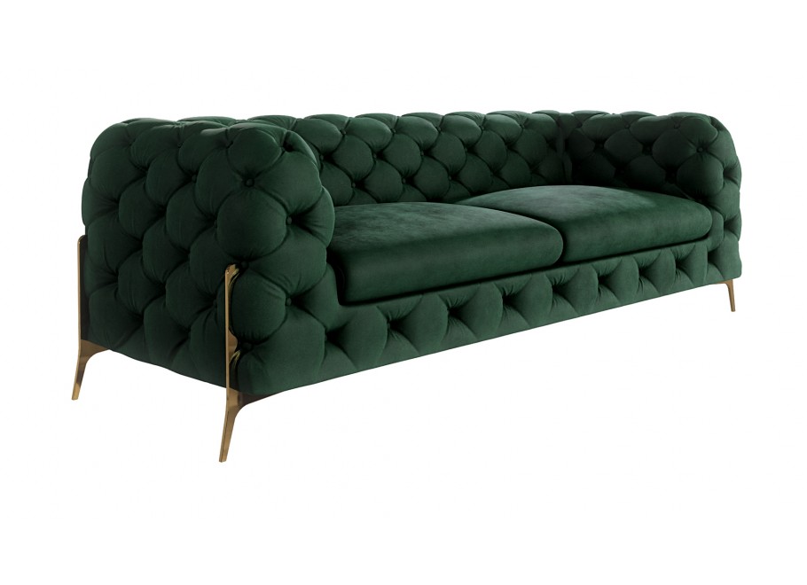 Pikowana sofa glamour Chesterfield TEO HIGH 2,5 – elegancka butelkowa zieleń