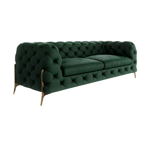 Pikowana sofa glamour Chesterfield TEO HIGH 2,5 – elegancka butelkowa zieleń