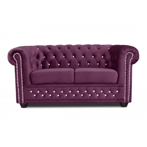 Sofa pikowana z kryształkami dwuosobowa Chesterfield FELIX BLINK 2 w kolorze fioletowym