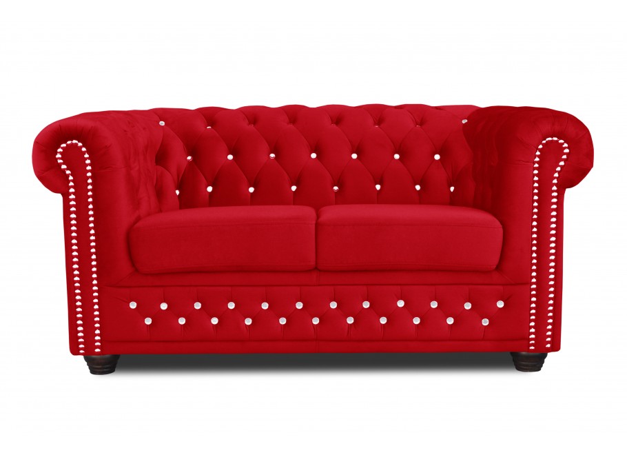 Czerwona sofa pikowana FELIX BLINK 2 z ozdobnymi kryształkami – styl Chesterfield glamour