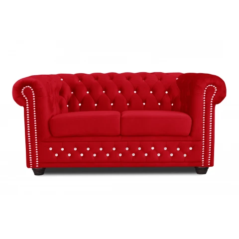 Czerwona sofa pikowana FELIX BLINK 2 z ozdobnymi kryształkami – styl Chesterfield glamour