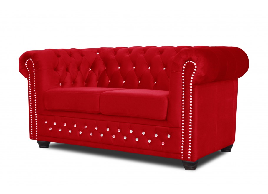 Czerwona sofa pikowana FELIX BLINK 2 z ozdobnymi kryształkami – styl Chesterfield glamour 2