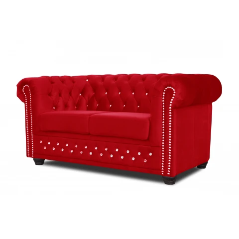 Czerwona sofa pikowana FELIX BLINK 2 z ozdobnymi kryształkami – styl Chesterfield glamour