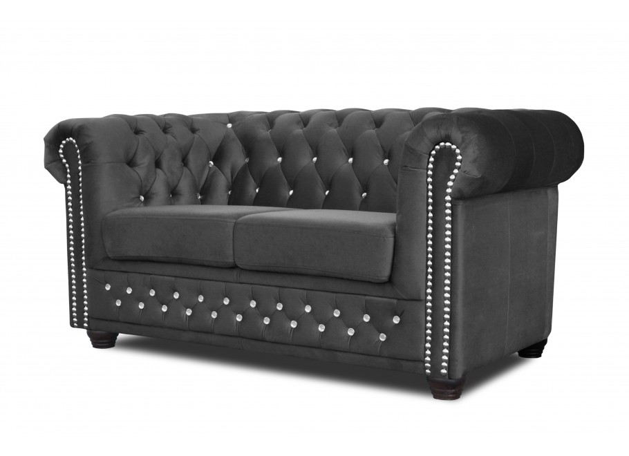Chesterfield FELIX BLINK 2 szara – elegancka sofa 2-osobowa z kryształkami 2