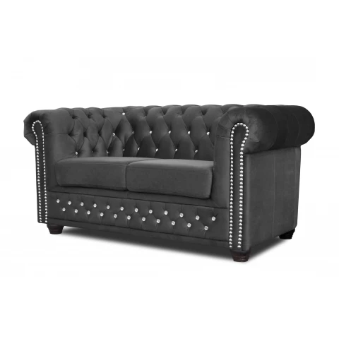Chesterfield FELIX BLINK 2 szara – elegancka sofa 2-osobowa z kryształkami