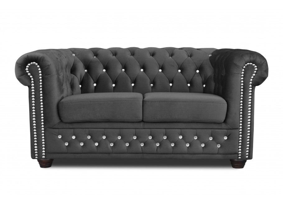 Chesterfield FELIX BLINK 2 szara – elegancka sofa 2-osobowa z kryształkami