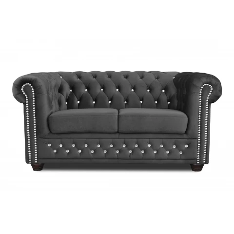 Chesterfield FELIX BLINK 2 szara – elegancka sofa 2-osobowa z kryształkami