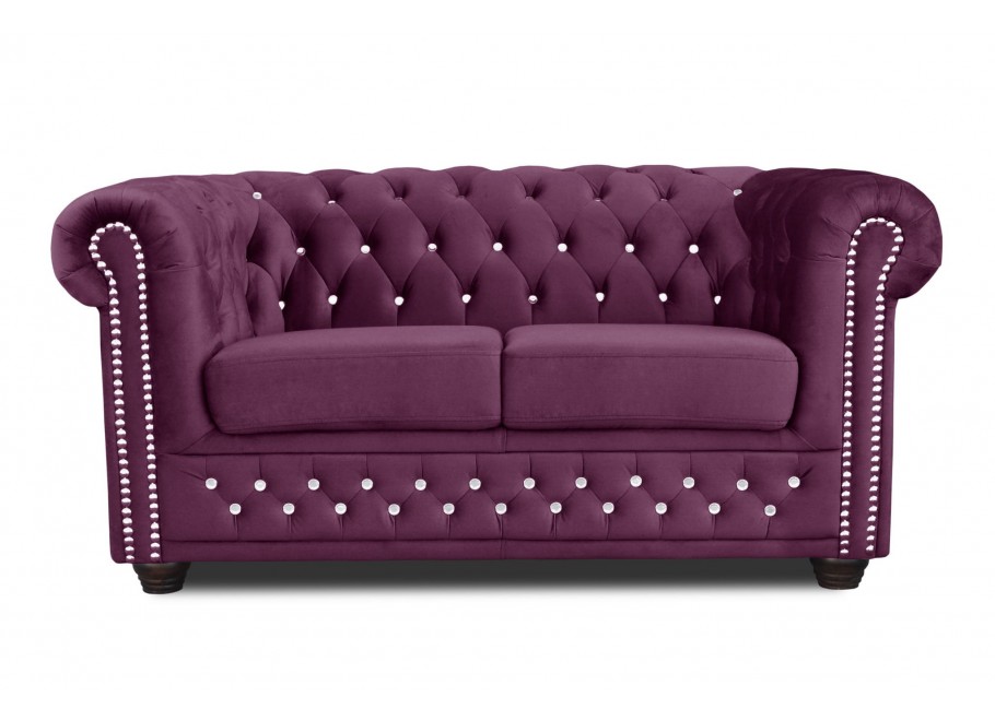 Sofa dwuosobowa z funkcją spania pikowana fioletowa z kryształkami Chesterfield FELIX BLINK 2 - Amore 45
