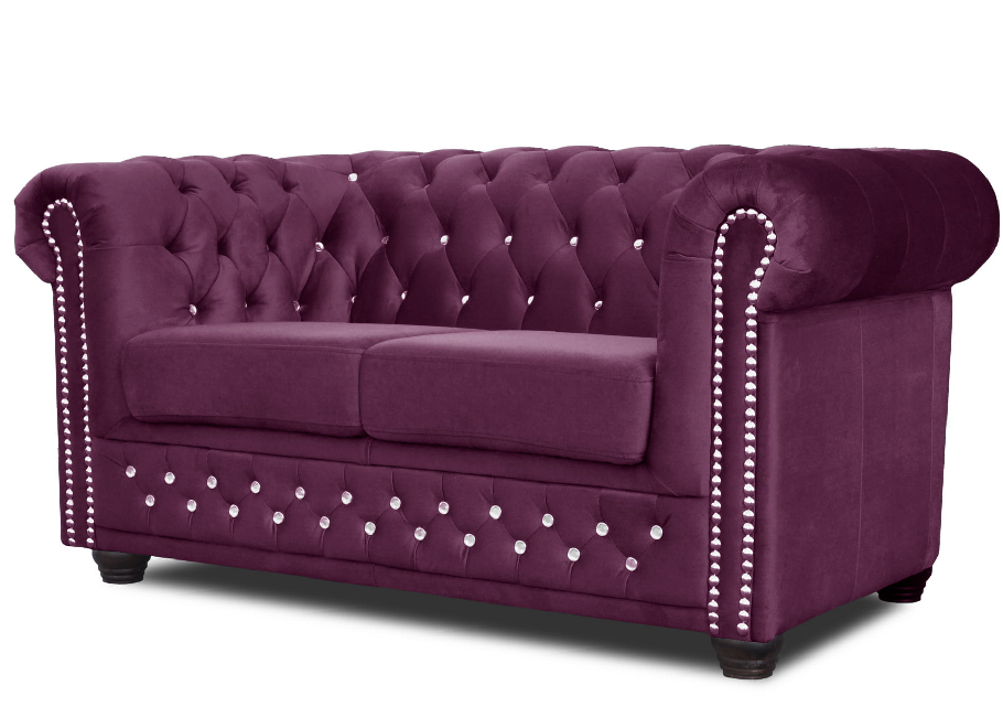 Sofa dwuosobowa z funkcją spania pikowana fioletowa z kryształkami Chesterfield FELIX BLINK 2 - Amore 45