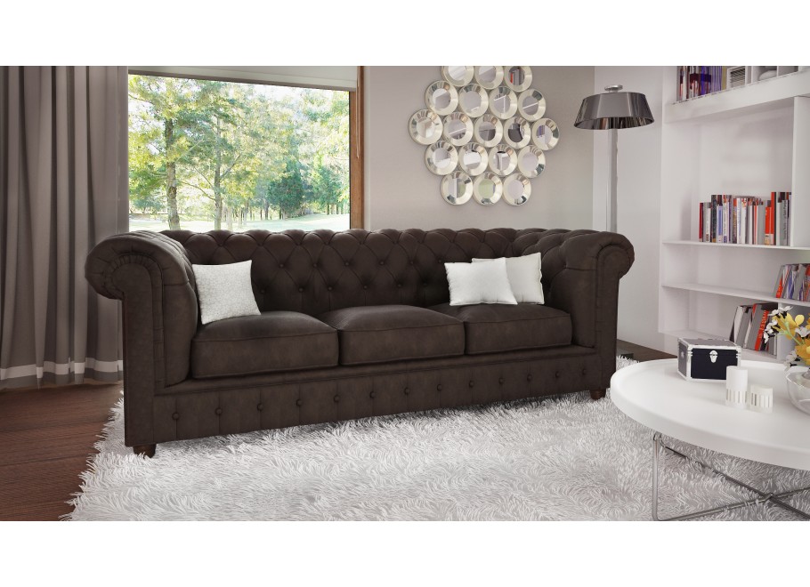 Brązowa sofa pikowana trzyosobowa chesterfield Solaris 3 wygodna i elegancka 2
