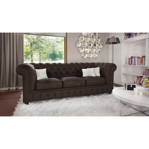 Brązowa sofa pikowana trzyosobowa chesterfield Solaris 3 wygodna i elegancka