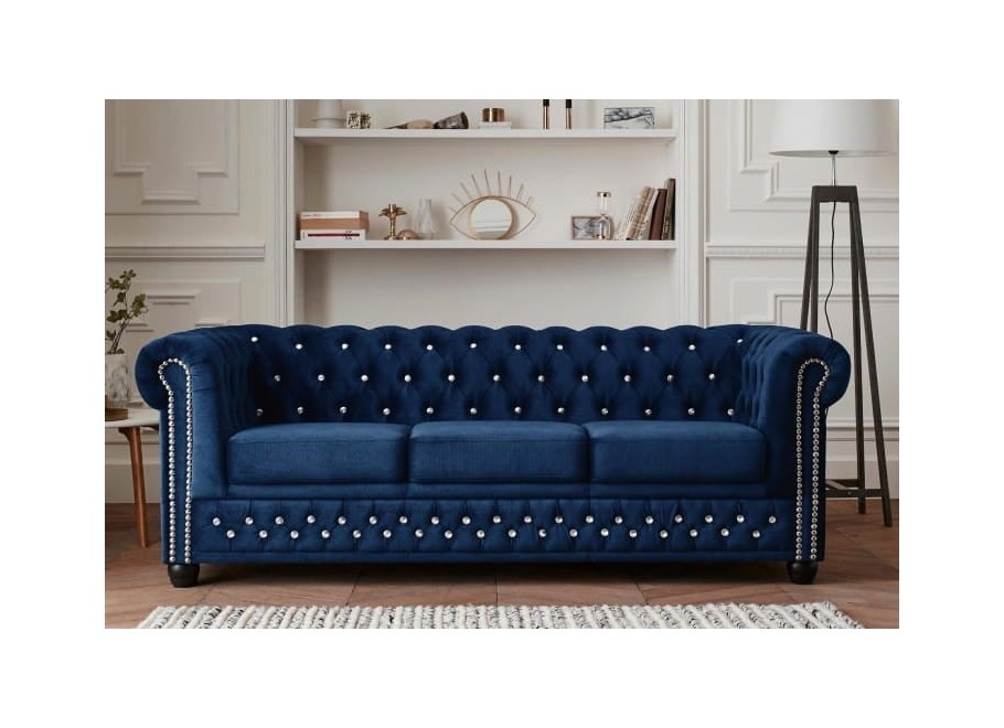 Ciemnoniebieska sofa FELIX BLINK 3  z kryształkami – styl Chesterfield, elegancja i komfort 3