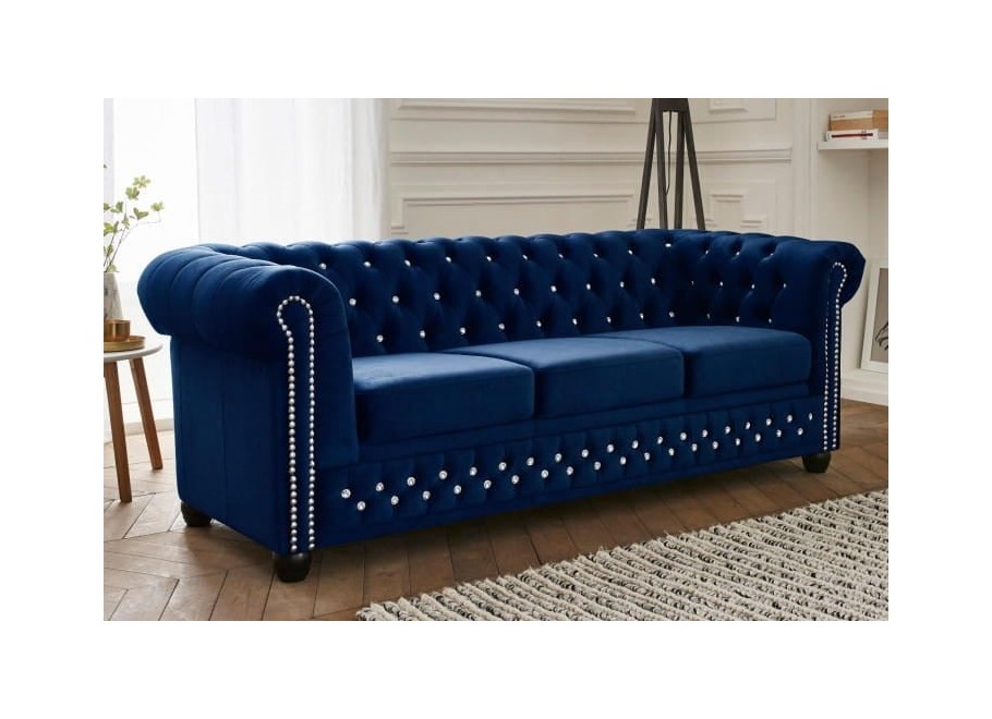 Ciemnoniebieska sofa FELIX BLINK 3  z kryształkami – styl Chesterfield, elegancja i komfort 2