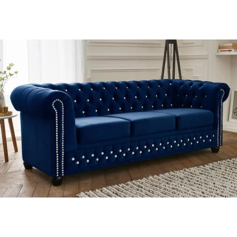 Ciemnoniebieska sofa FELIX BLINK 3  z kryształkami – styl Chesterfield, elegancja i komfort