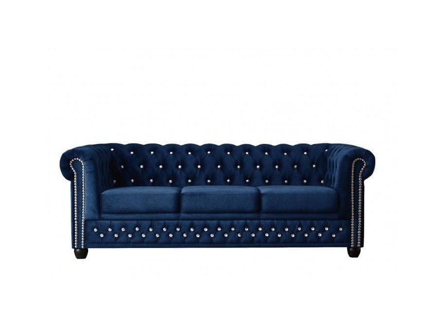 Ciemnoniebieska sofa FELIX BLINK 3  z kryształkami – styl Chesterfield, elegancja i komfort