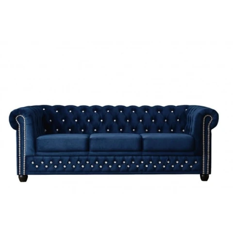 Ciemnoniebieska sofa FELIX BLINK 3  z kryształkami – styl Chesterfield, elegancja i komfort