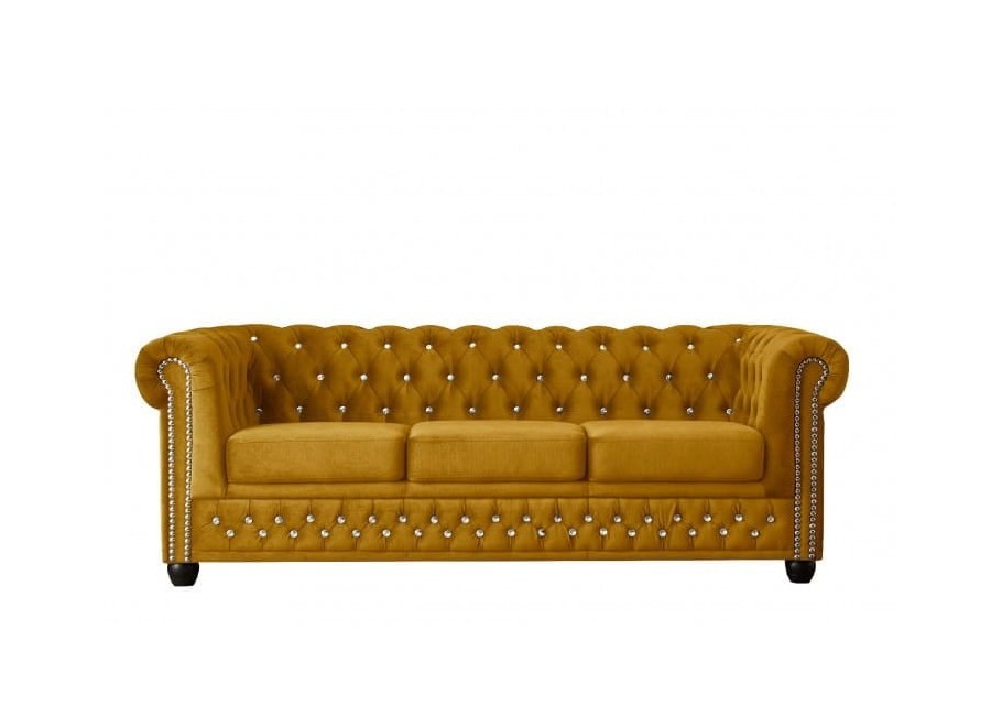 Welurowa sofa FELIX BLINK 3 Chesterfield – musztardowa, komfortowa, z kryształkami
